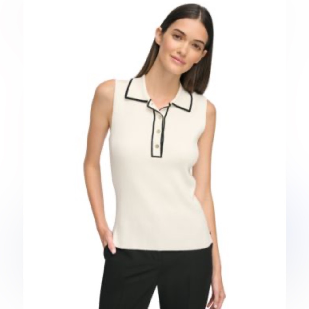 Liz Claiborne Career White Sleeveless Shirt with Black Piping